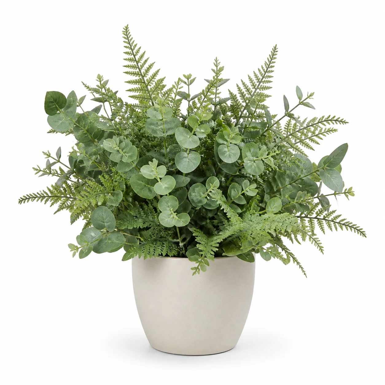 Artificial potted eucalyptus and fern arrangement