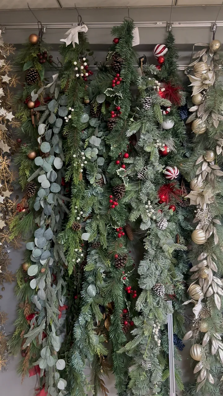 Christmas artificial garland samples in the showroom
