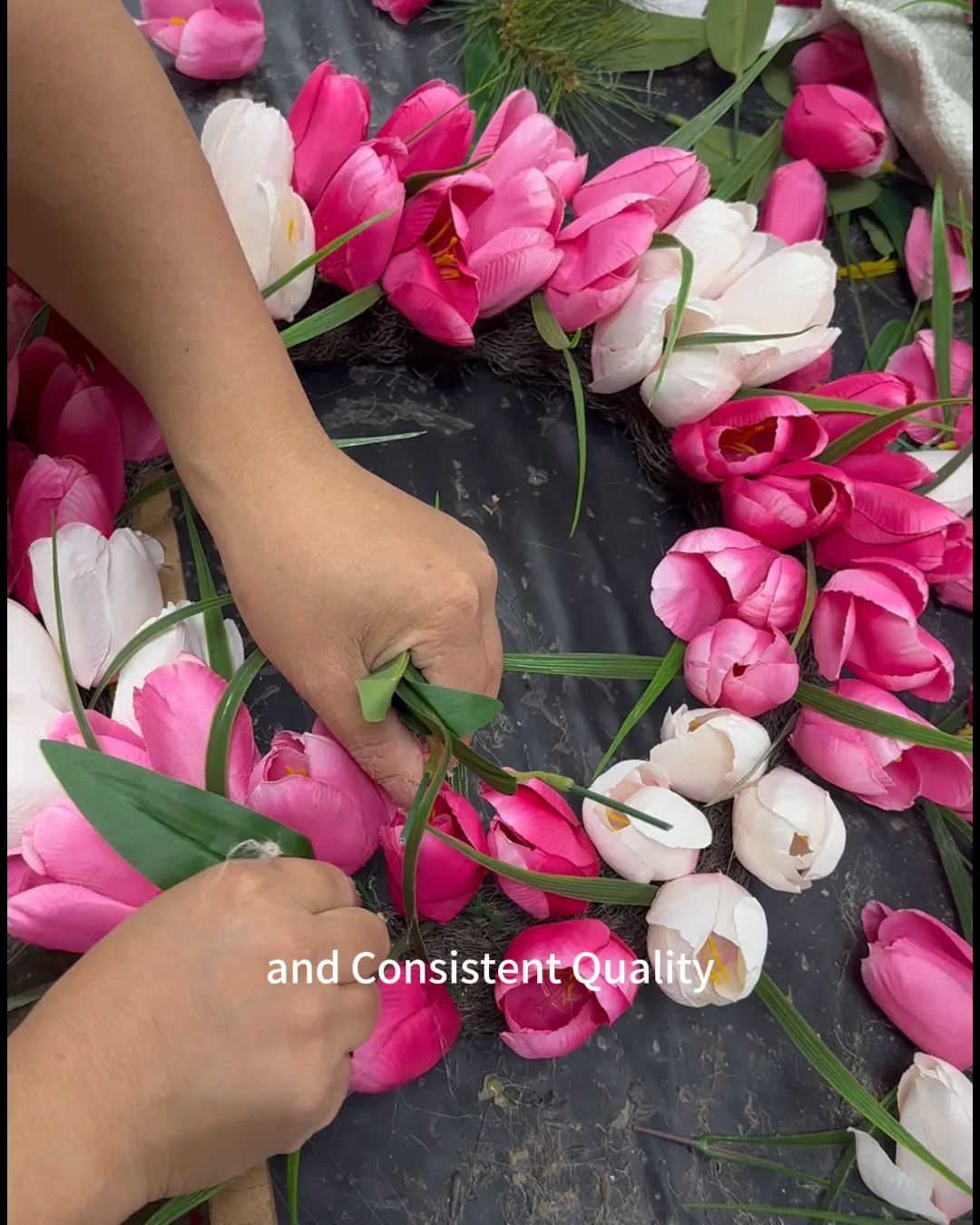 Pink tulip artificial wreath assembled by hand
